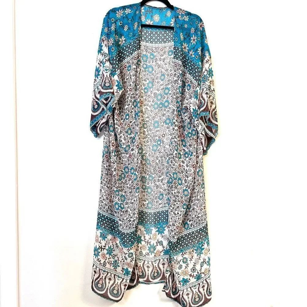 Social Butterfly Boutique Blue Floral Long Kimono Kaftan Multicolor Size OS
